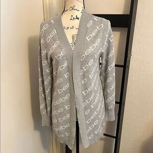 Bebe Gray Logo Open Style Cardigan Sweater Academia Business Casual Comfy